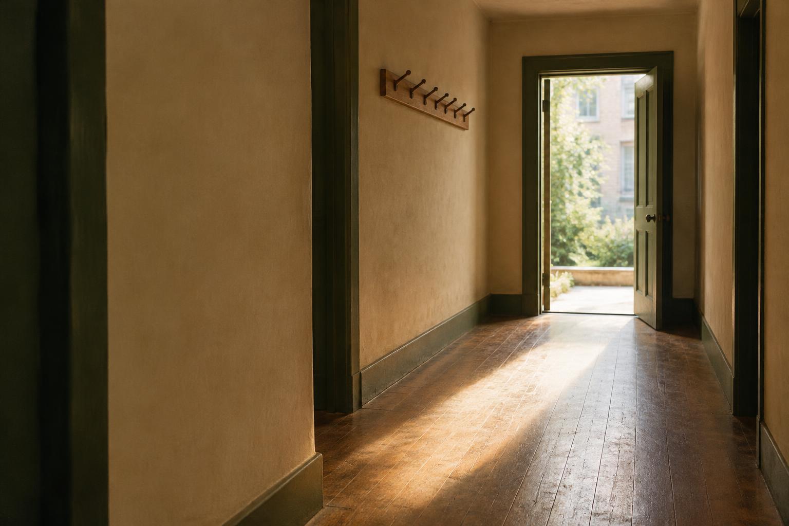 An open doorway at the end of a quiet hallway, daylight across the floor